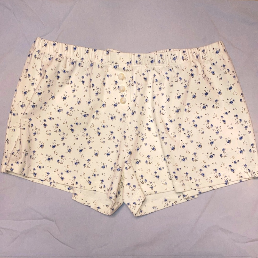 White Boxer Shorts with Blue Ditsy Floral Print